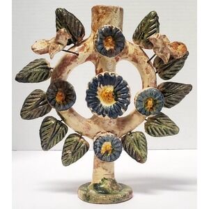 VTG Mexican Tree of Life Candle Holder Terracotta Paint Folk Art Handicraft Clay
